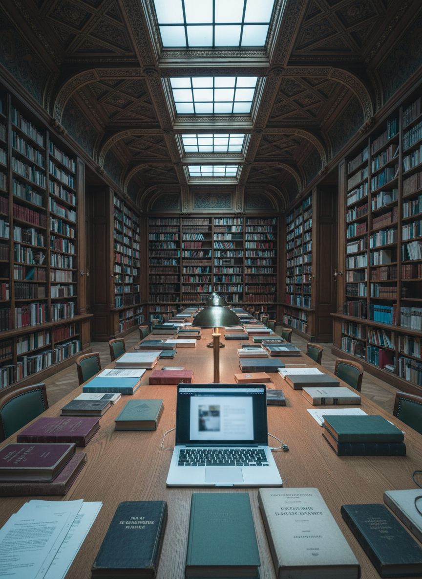 A long oak library table inside a refined Parisian reading room, lined with worn hardcover volumes on politics, philosophy, and French history, their spines in rich burgundies, deep greens, and navy blues. A single modern laptop sits open among the books, its screen glowing softly, content intentionally out of focus. Tall shelves filled with more books rise in the background beneath an ornate coffered ceiling. Cool, diffused skylight from overhead glass panels mingles with warm brass reading lamps, creating a balanced, contemplative atmosphere. Captured in photographic realism with a wide-angle lens and sharp focus throughout, the composition uses leading lines of the table and shelves to evoke depth, intellectual rigor, and thoughtful long-form chroniques.