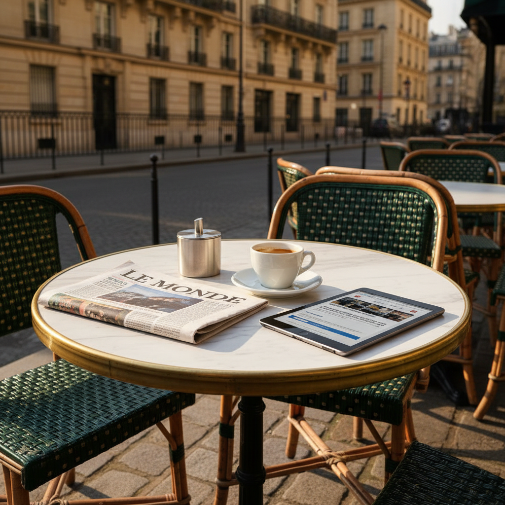 An elegant round café table on a Paris sidewalk terrace, topped with a pristine white porcelain espresso cup, a folded broadsheet newspaper, and a slim, dark grey tablet displaying a French news site in blurred, unreadable text. Behind the table, classic woven bistro chairs and distant stone façades suggest a lively boulevard without showing any people. Warm late-afternoon sunlight grazes the tabletop, catching the metallic rim of a small sugar bowl and casting crisp shadows that stretch toward the street. Photographed from a slightly elevated angle with natural, golden-hour lighting and a clean, contemporary aesthetic, the scene conveys sophisticated, unhurried reflection on ideas, culture, and daily political life.
